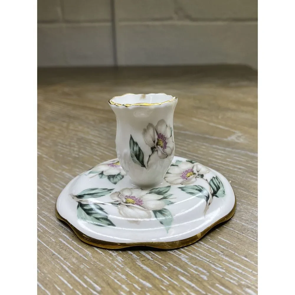Staffordshire Candle Holder Bone‎ China White Flower Gold